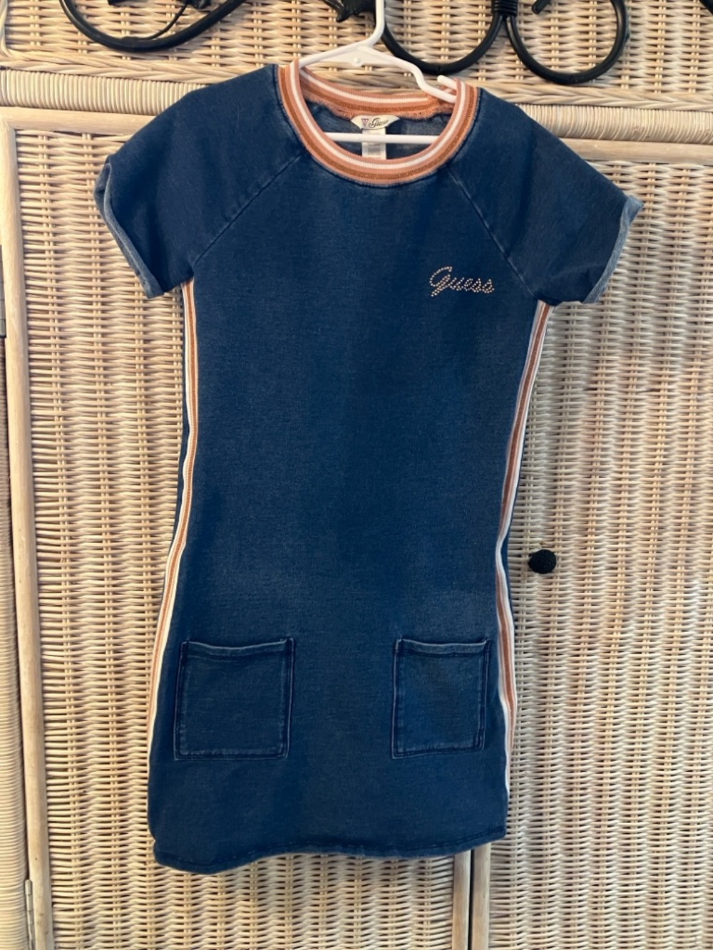 Guess logo Girl’s sporty blue mini dress crew with pockets varsity stripe summer